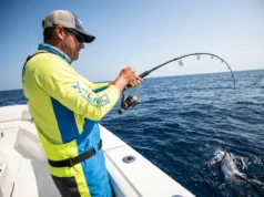 How to Set Fishing Drag: With or Without a Scale Angler fighting a strong fish with a heavily bent rod and tight fishing line, demonstrating proper drag usage.
