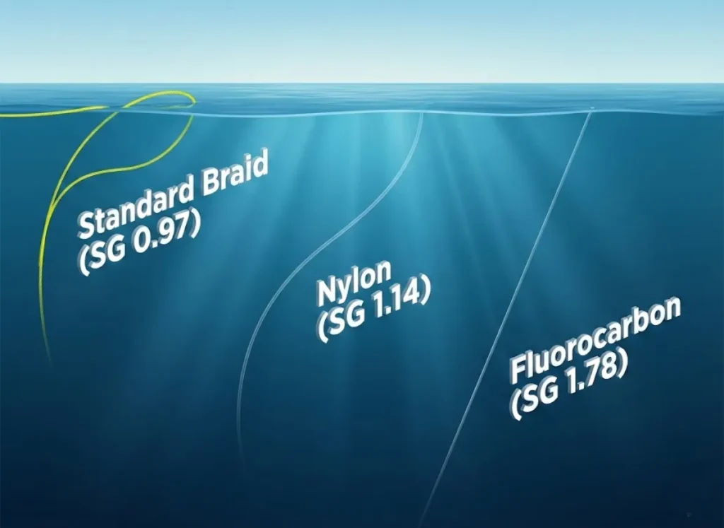 A split-level cross-section diagram of a lake showing three fishing lines behaving differently based on density. Standard braid floats with a distinct curve on the surface, Nylon suspends in the middle, and Fluorocarbon cuts a straight, taut line to the bottom.