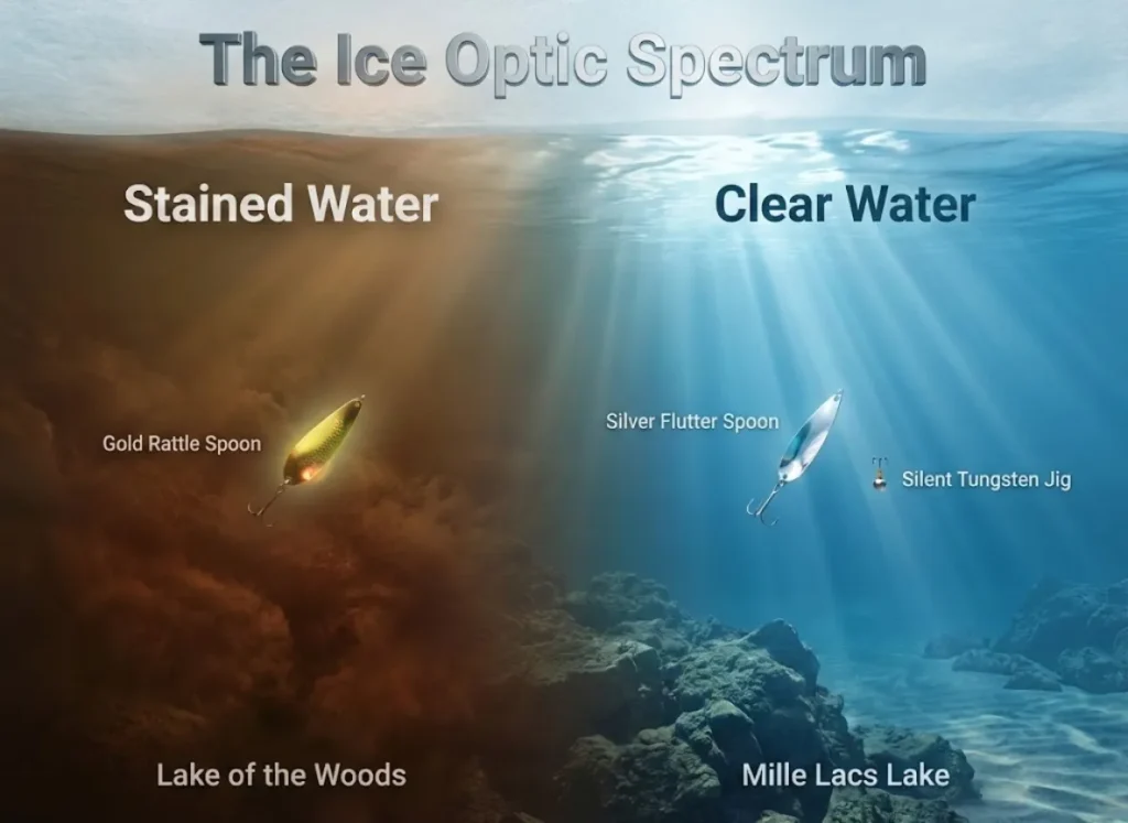 A split-screen underwater infographic titled "The Ice Optic Spectrum." The left side depicts murky "Stained Water" with gold and glow lures. The right side depicts crystal-clear "Clear Water" (Mille Lacs) with silver and natural finesse lures.