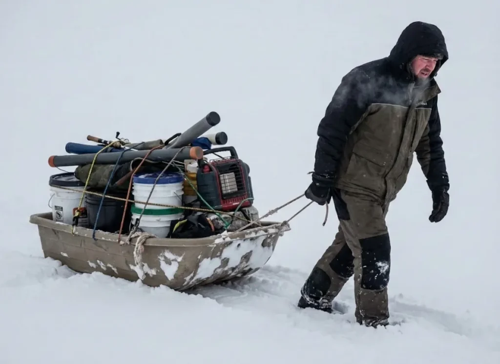 An ice angler strenuously pulling a fully loaded equipment sled through deep snow to find a new fishing spot.