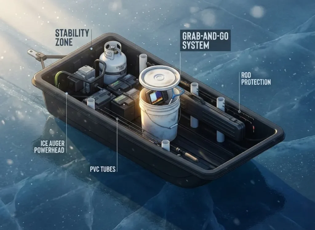 A detailed isometric infographic showing the optimal packing arrangement for an ice fishing sled, highlighting heavy items at the rear, protected rods on the sides, and a central grab-and-go bucket system.