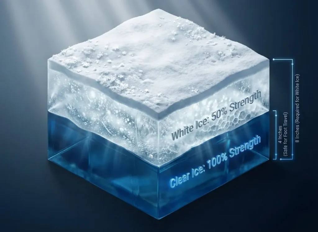 A detailed isometric cross-section illustration of a frozen lake, comparing the molecular structure of porous White Ice versus solid Clear Ice, with integrated text labels indicating tensile strength and depth requirements.