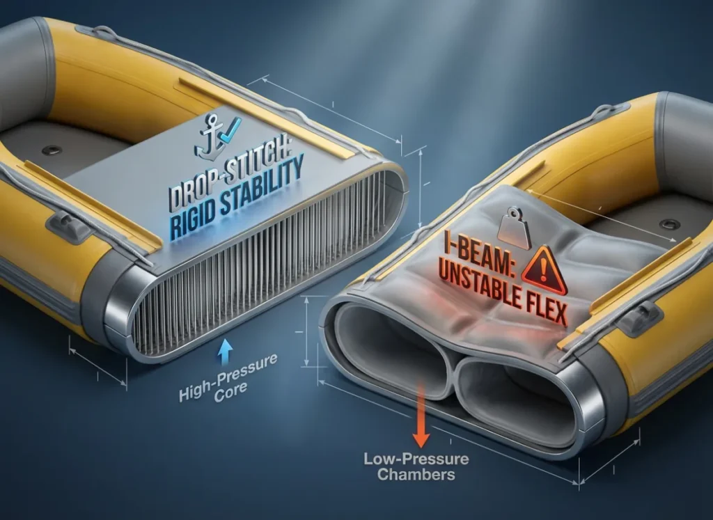 A detailed 3D cross-section comparison of inflatable boat floors. On the left, a flat Drop-Stitch floor with internal threads labeled 'Drop-Stitch'. On the right, a bulging I-Beam floor labeled 'I-Beam', demonstrating stability differences.