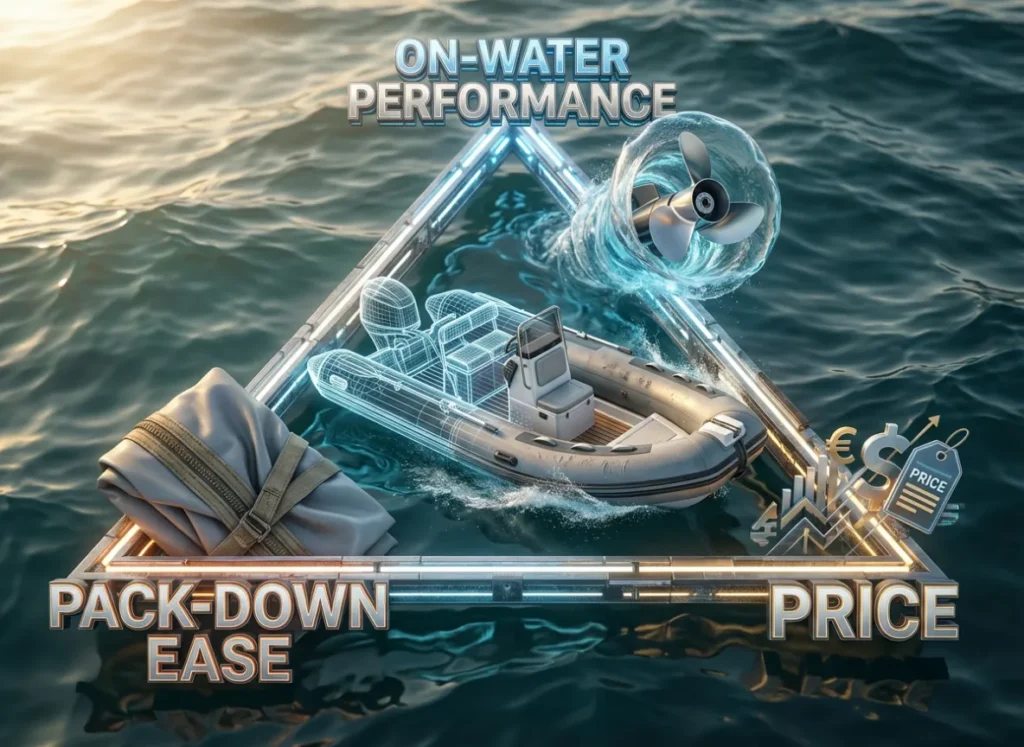 A high-end 3D infographic illustrating the "Logistics Triangle" of inflatable boat ownership. A glowing triangle floating over water connects three text nodes: On-Water Performance, Pack-Down Ease, and Price, with realistic boat textures and motor details woven into the design.