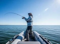 Tested: Top Inflatable Fishing Boats for Serious Anglers A full-body shot of a male angler wearing a life vest and hat, standing to cast a fishing line from an inflatable boat on a sunny lake.