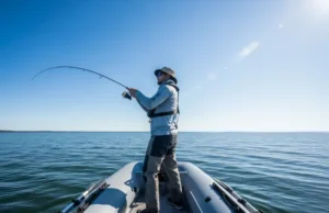 Tested: Top Inflatable Fishing Boats for Serious Anglers A full-body shot of a male angler wearing a life vest and hat, standing to cast a fishing line from an inflatable boat on a sunny lake.