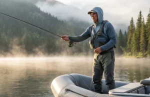Inflatable Fishing Boats Review: Field-Tested Top Picks Angler standing and fly fishing from a stable inflatable skiff on a misty lake at sunrise.