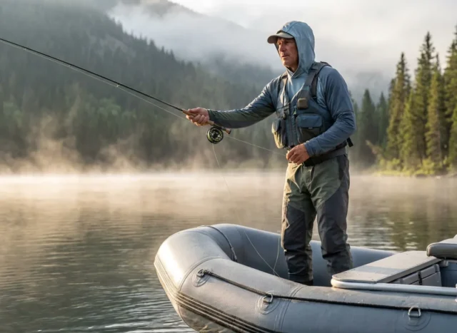 inflatable-fishing-boats-review-field-tested Angler standing and fly fishing from a stable inflatable skiff on a misty lake at sunrise.