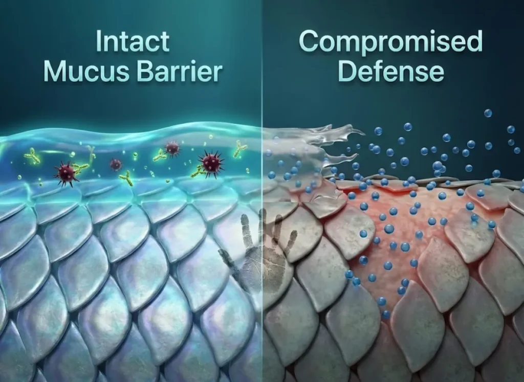 A split-screen 3D cross-section infographic of fish skin. The left side shows a healthy, thick translucent slime coat trapping bacteria over iridescent scales. The right side shows a damaged area where the slime is stripped away, revealing inflamed skin vulnerable to infection.