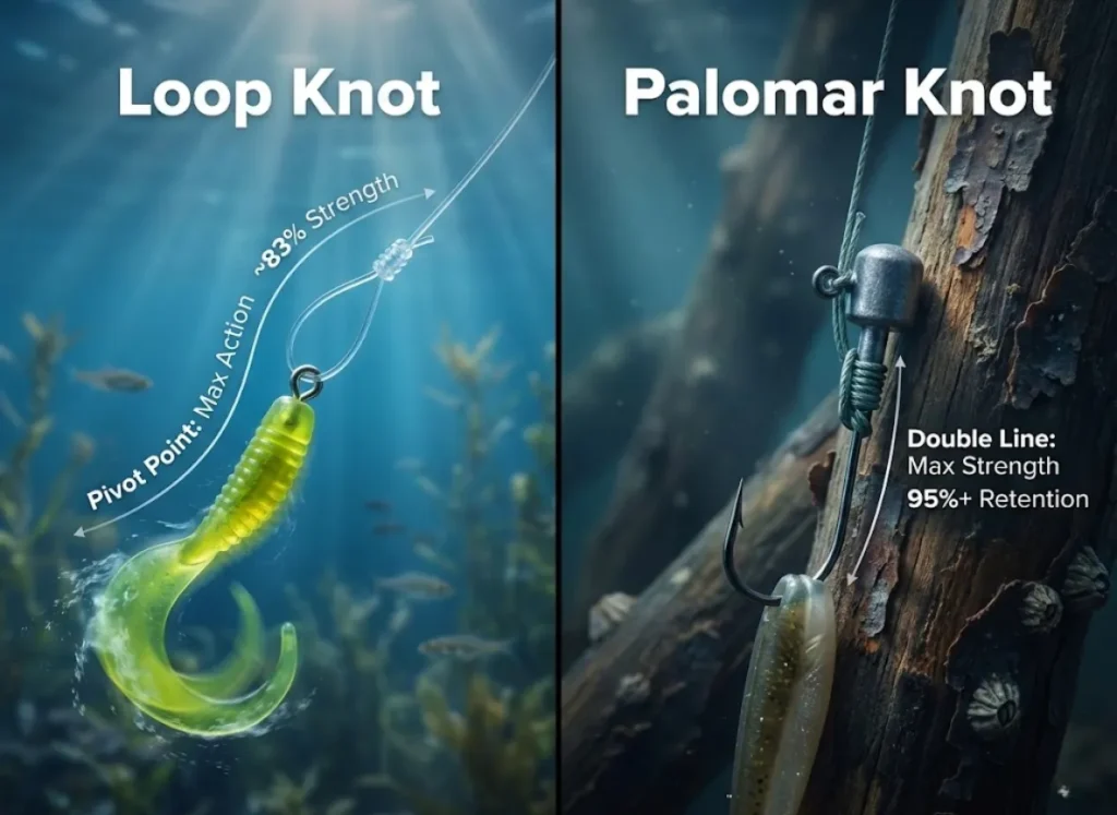 A split-screen 3D infographic comparing fishing knots. On the left, a Loop Knot attached to a lure showing movement; on the right, a Palomar Knot tightly secured to a jig in heavy cover. Labels highlight strength percentages and use cases.