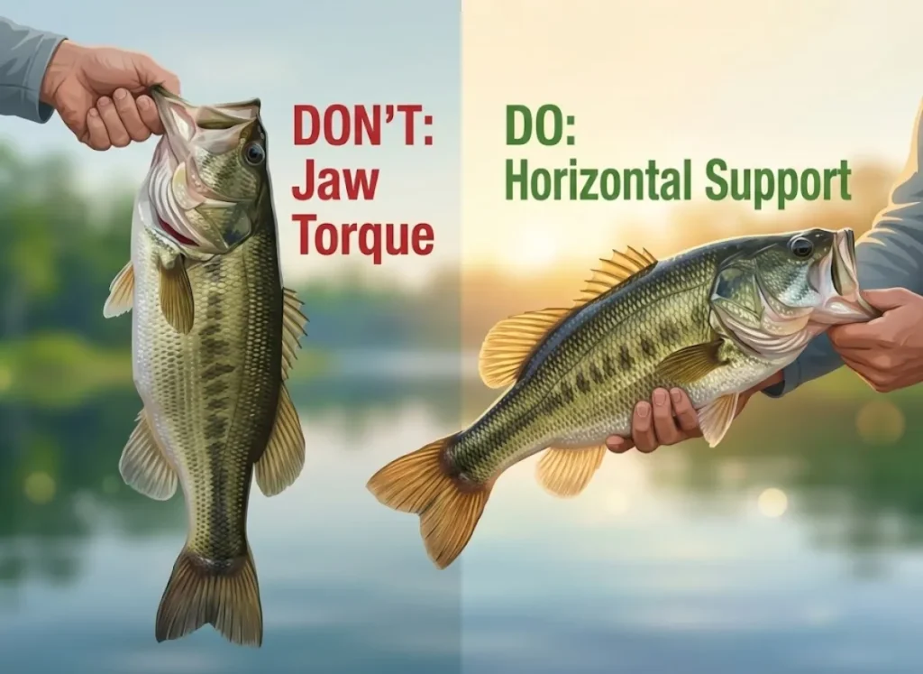 A split-screen educational infographic comparing two methods of holding a largemouth bass. The left side, labeled "DON'T", shows a fish held vertically by the jaw, causing strain. The right side, labeled "DO", shows the fish supported horizontally with two hands. The style is high-end digital realism.