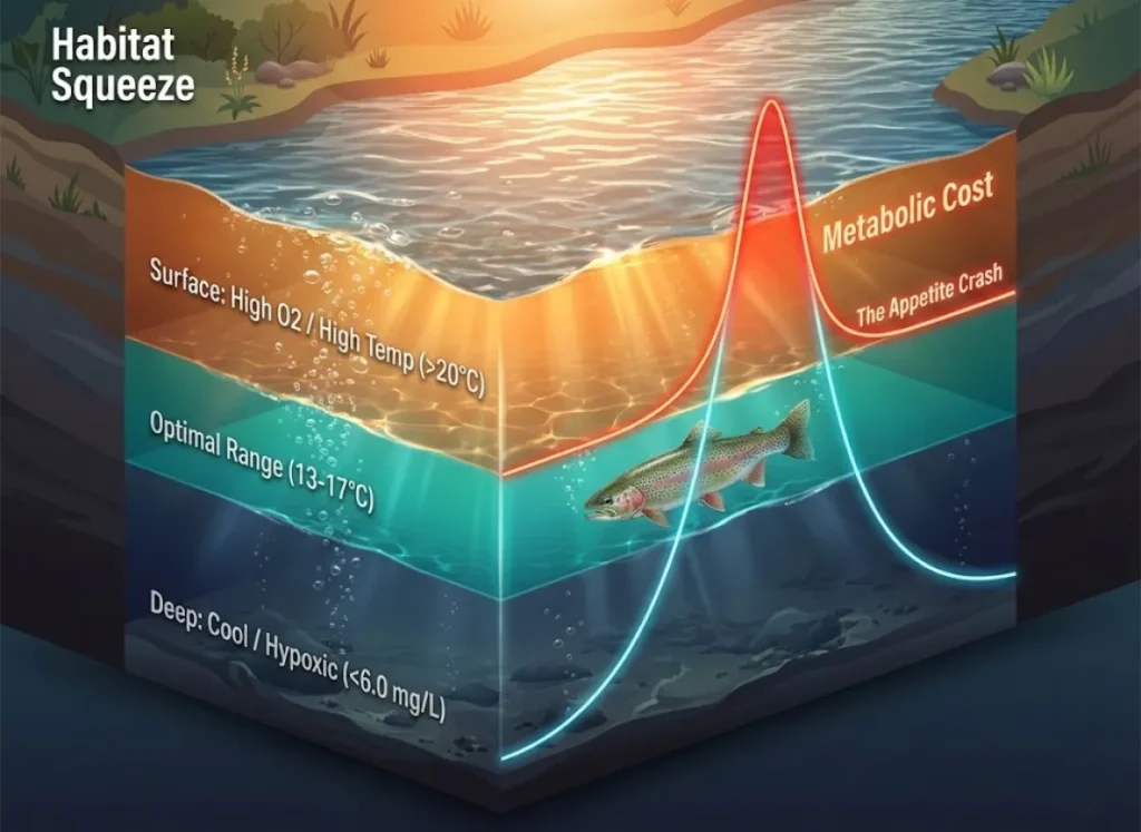 A detailed 3D cross-section illustration of a river column demonstrating the "Habitat Squeeze" for rainbow trout. It visualizes the thermal barrier at the surface and the hypoxic zone at the bottom, highlighting the narrow optimal survival range in the center with overlaid metabolic performance curves.