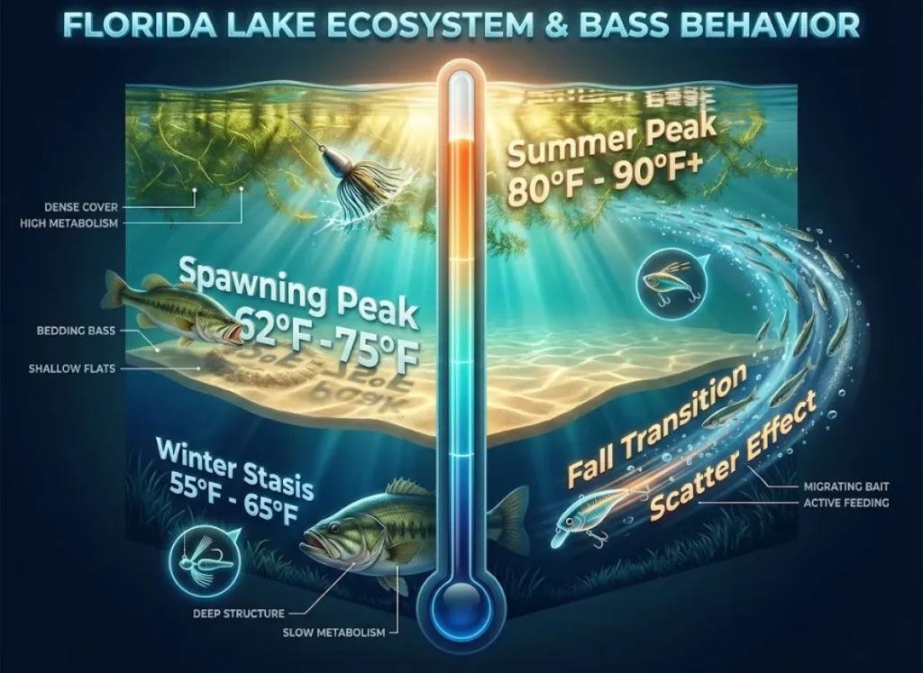 A vertical infographic illustration titled 'The Thermal Window' showing a stylized thermometer interacting with a cross-section of a lake. It depicts four bass fishing phases: Winter Stasis in deep grass, Spawning Peak in shallows, Summer Peak in heavy mats, and Fall Transition with scattered fish, accompanied by temperature ranges and lure icons.