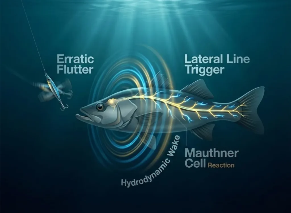 A high-definition 3D infographic illustrating a predatory fish reacting to a falling fishing jig. The image visualizes invisible hydrodynamic pressure waves radiating from the lure and striking the fish's lateral line, which glows to indicate sensory activation. Labels explain the biological reaction strike mechanics.