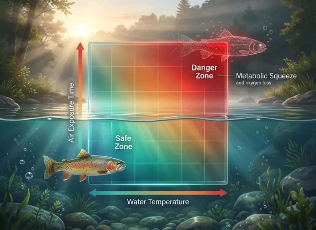 A sophisticated 3D heat map infographic titled 'The Temperature/Handling Matrix' set against a split-level river background. The chart shows the intersection of Water Temperature and Air Exposure Time, transitioning from a green 'Safe Zone' to a red 'Danger Zone'. A Cutthroat Trout swims in the cool water below.