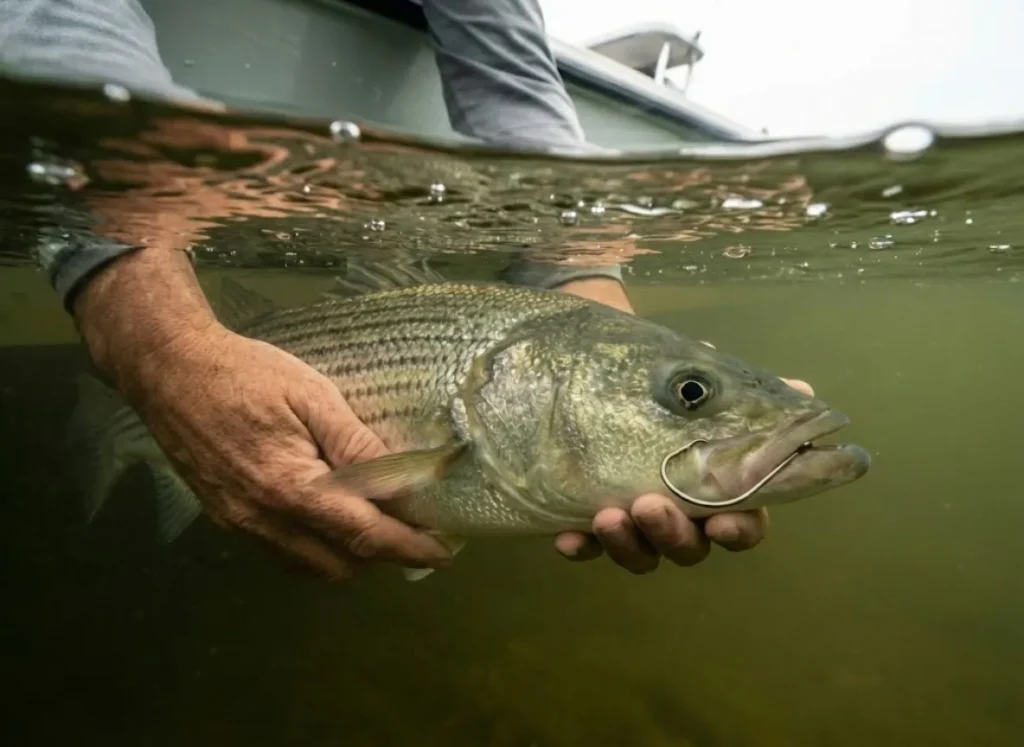 A fish being released in the water with a circle hook properly hooked in the corner of the mouth.
