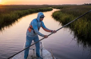 Inshore Fishing Gulf of Mexico: Spots, Seasons & Gear An angler poling a flat bottom skiff through a narrow salt marsh channel during a vibrant sunrise in the Gulf of Mexico.