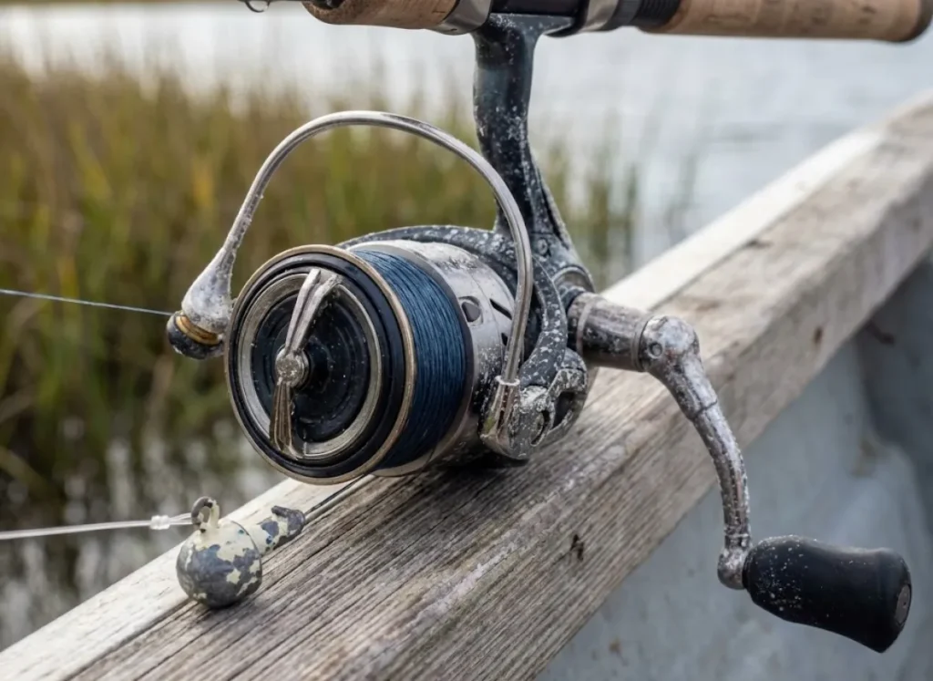 Close-up of a saltwater spinning reel with braided line and a fluorocarbon leader resting on a boat gunwale.