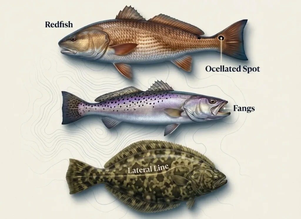 A premium biological infographic illustrating the Redfish, Speckled Trout, and Flounder in a realistic vector style. The image highlights specific anatomical features with text labels: the Redfish's tail spot, the Trout's fangs, and the Flounder's lateral line, set against a subtle topographical map background.