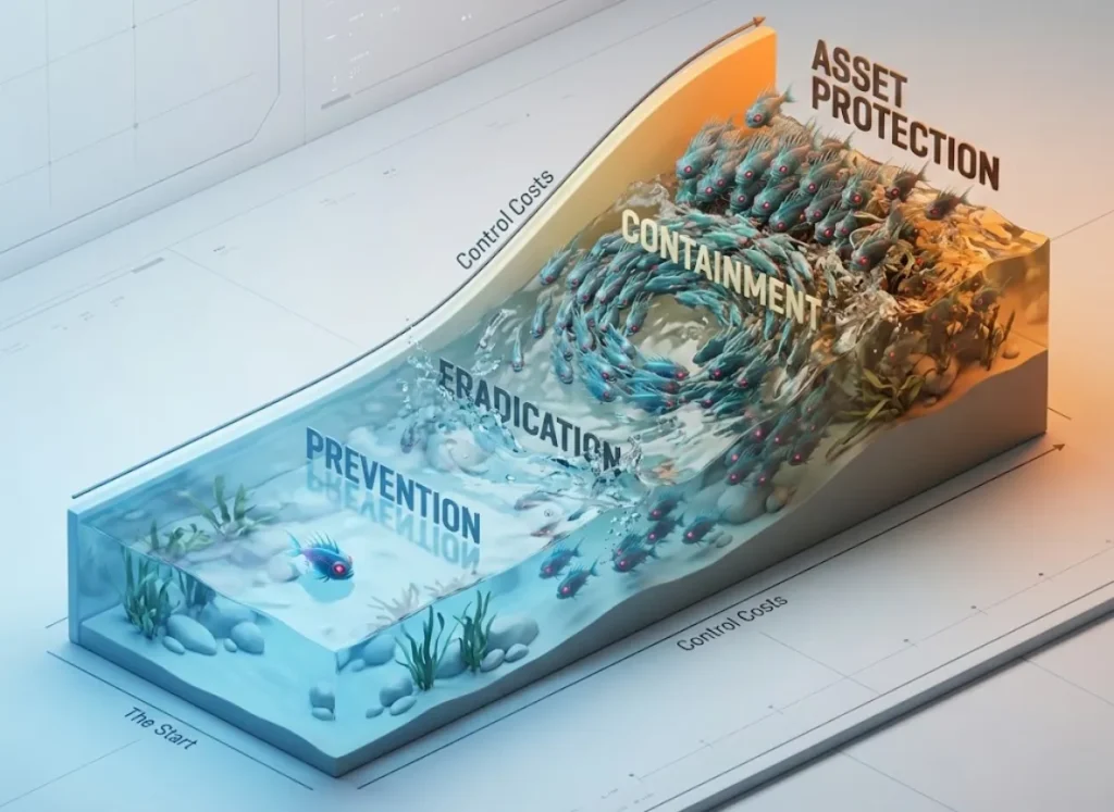 A stylized 3D infographic illustrating the "Invasion Curve," showing how control costs exponentially increase as an invasive species spreads over time, moving from Prevention to Asset Protection.