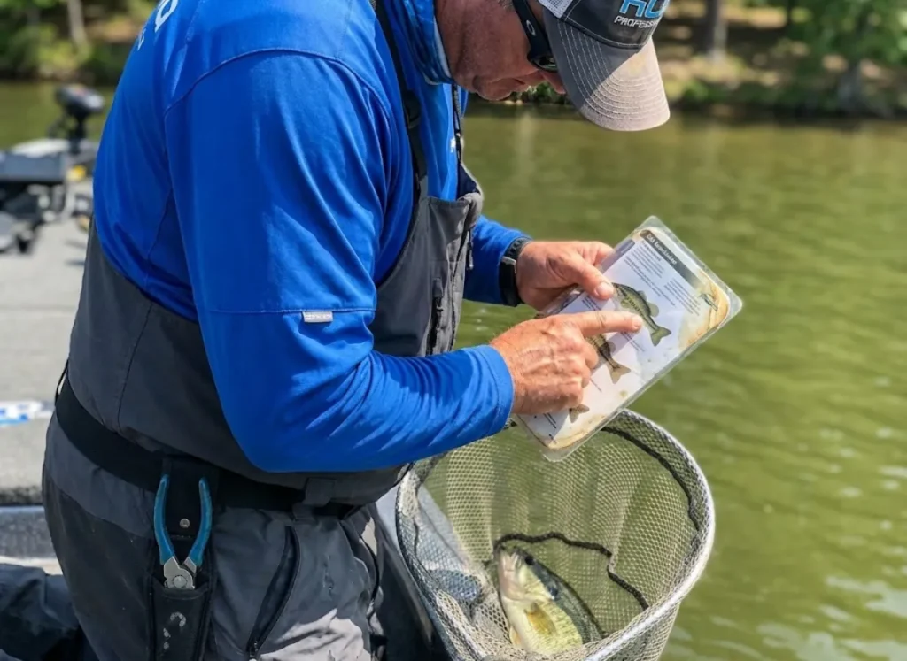 An angler holding a field guide next to a net to identify a caught fish species.
