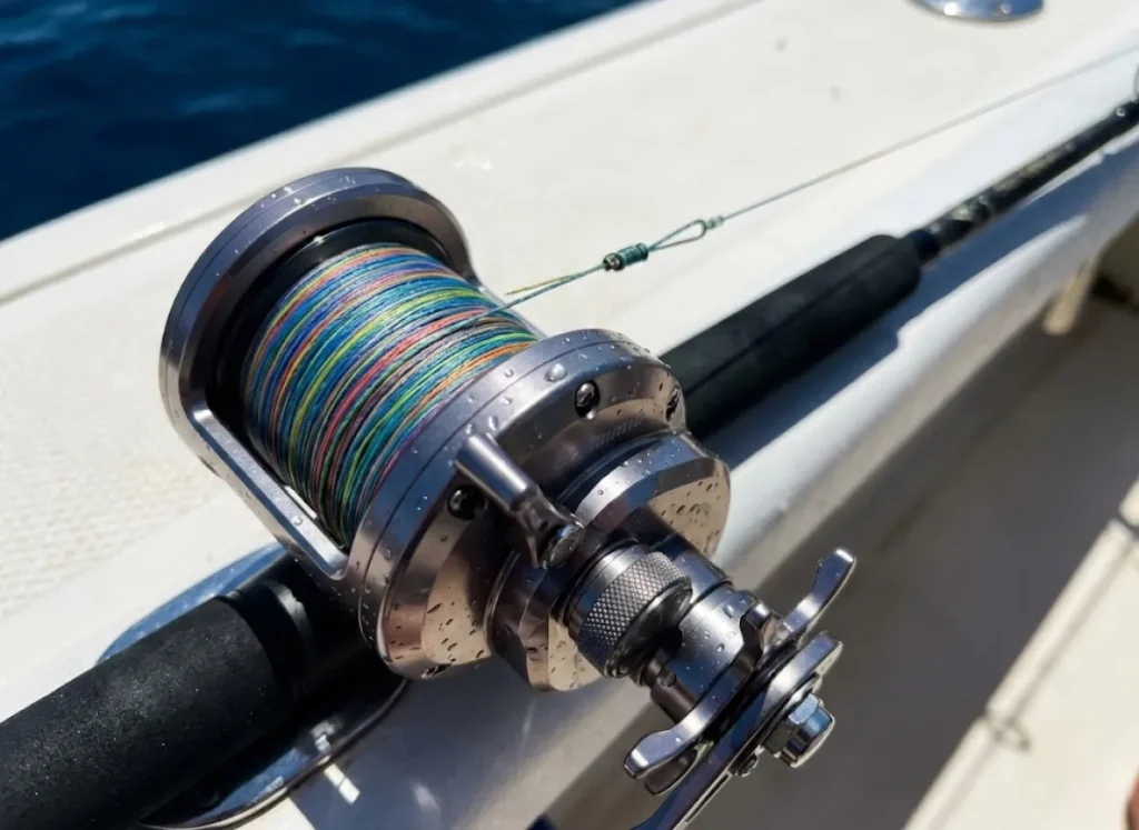 Close up of a saltwater jigging reel with multi-colored braided line and a fluorocarbon leader tied with an FG knot.