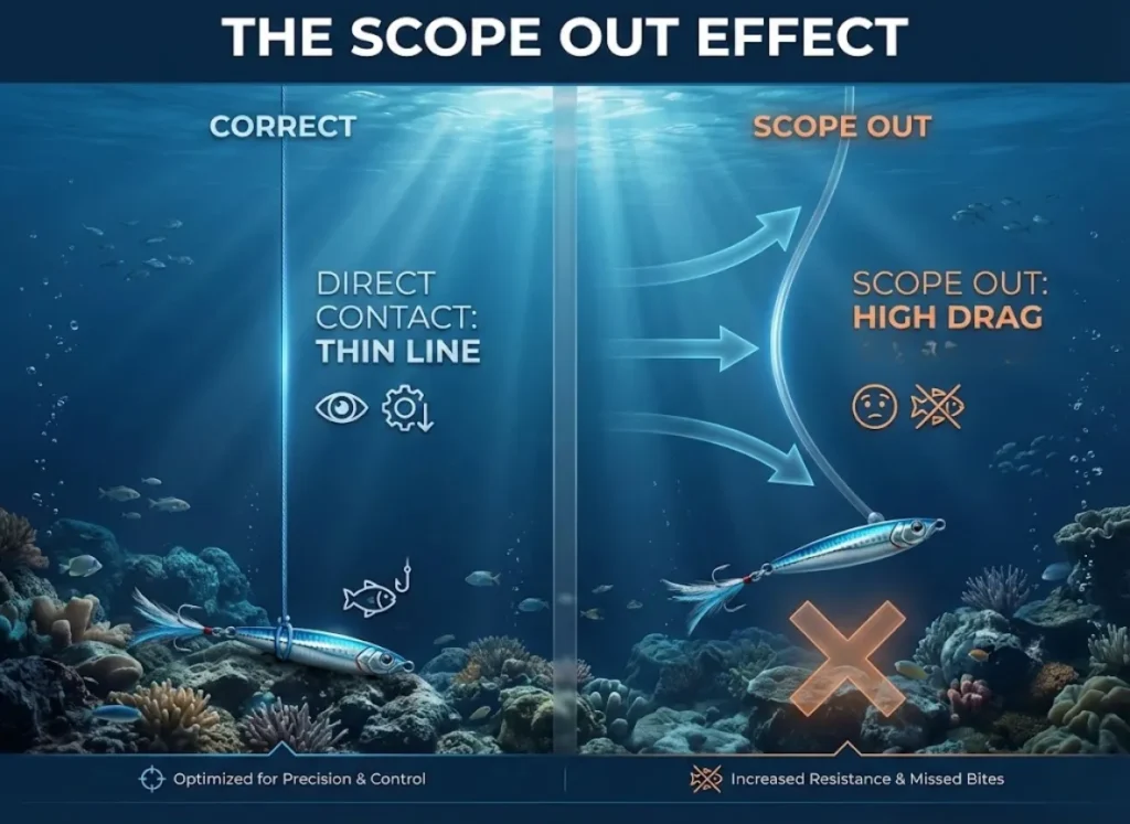 A high-definition underwater cross-section diagram comparing two fishing lines. On the left, a thin braided line cuts through the current for a vertical drop. On the right, a thick line bows under water pressure, creating a "Scope Out" effect and lifting the lure off the seabed.