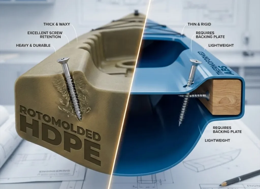 A detailed macro infographic comparing cross-sections of Rotomolded HDPE and Thermoformed ABS kayak hull materials. The HDPE side shows a screw securely fastened into thick plastic, while the ABS side shows a screw passing through a thin layer into a wood backing plate. Text labels indicate properties like screw retention and thickness.