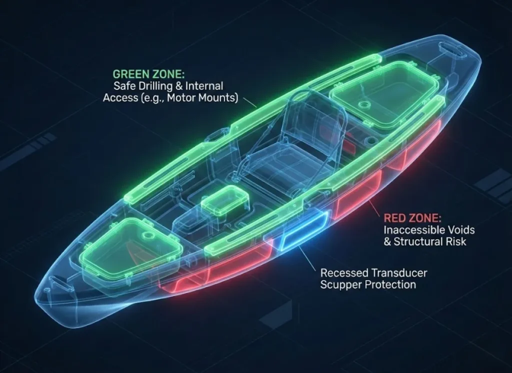 A technical infographic in an X-ray view shows a fishing kayak hull. Green glowing areas labeled "GREEN ZONE: Safe Drilling & Internal Access" indicate flat gunwales and hatch adjacencies. Red glowing areas labeled "RED ZONE: Inaccessible Voids & Structural Risk" indicate the waterline and sealed sections. A recessed area underneath is labeled "Recessed Transducer Scupper." The style is a premium digital illustration.