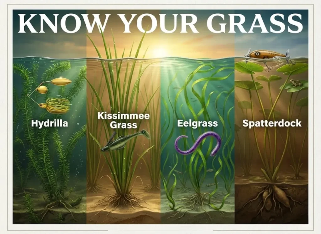A realistic, four-panel underwater cross-section illustration showing Florida aquatic vegetation types: Hydrilla, Kissimmee Grass, Eelgrass, and Spatterdock. Each section features the plant structure and a floating icon of the best fishing lure for that cover, including a spinnerbait and prop bait.
