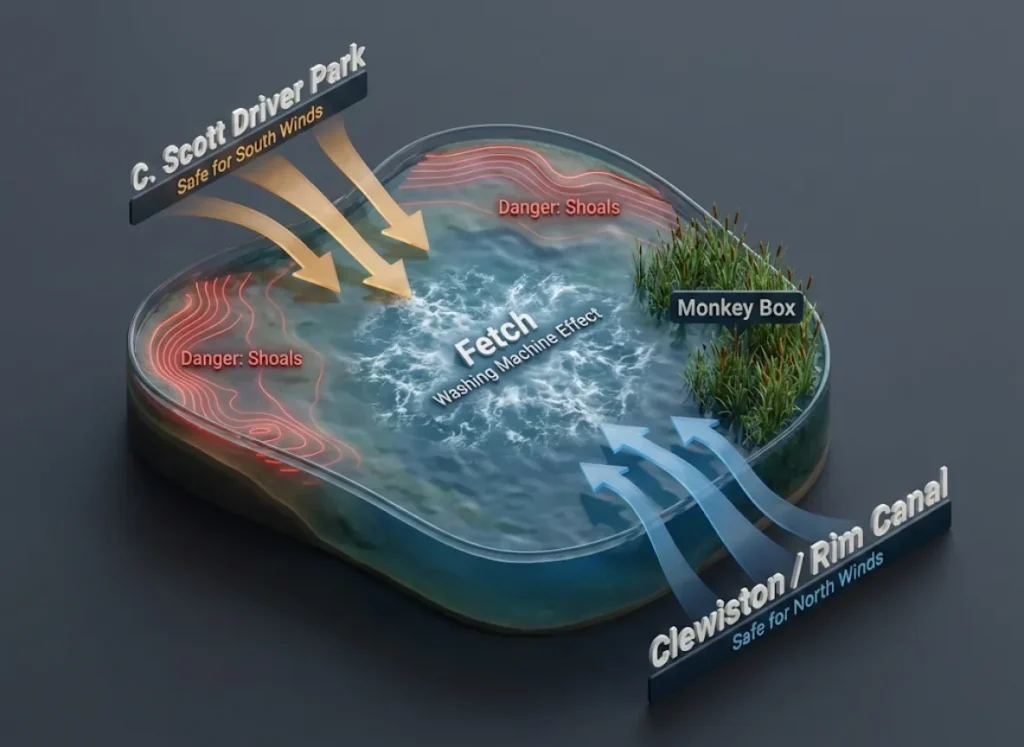 A premium 3D isometric map of Lake Okeechobee illustrating safe boating strategies, highlighting specific launch ramps for north versus south winds, and marking dangerous shoal areas with high-fidelity water textures.