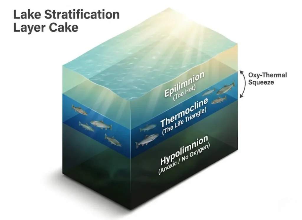 An educational 3D cross-section illustration of a lake in summer, visually dividing the water column into the warm Epilimnion, the fish-filled Thermocline, and the oxygen-deprived Hypolimnion layers.