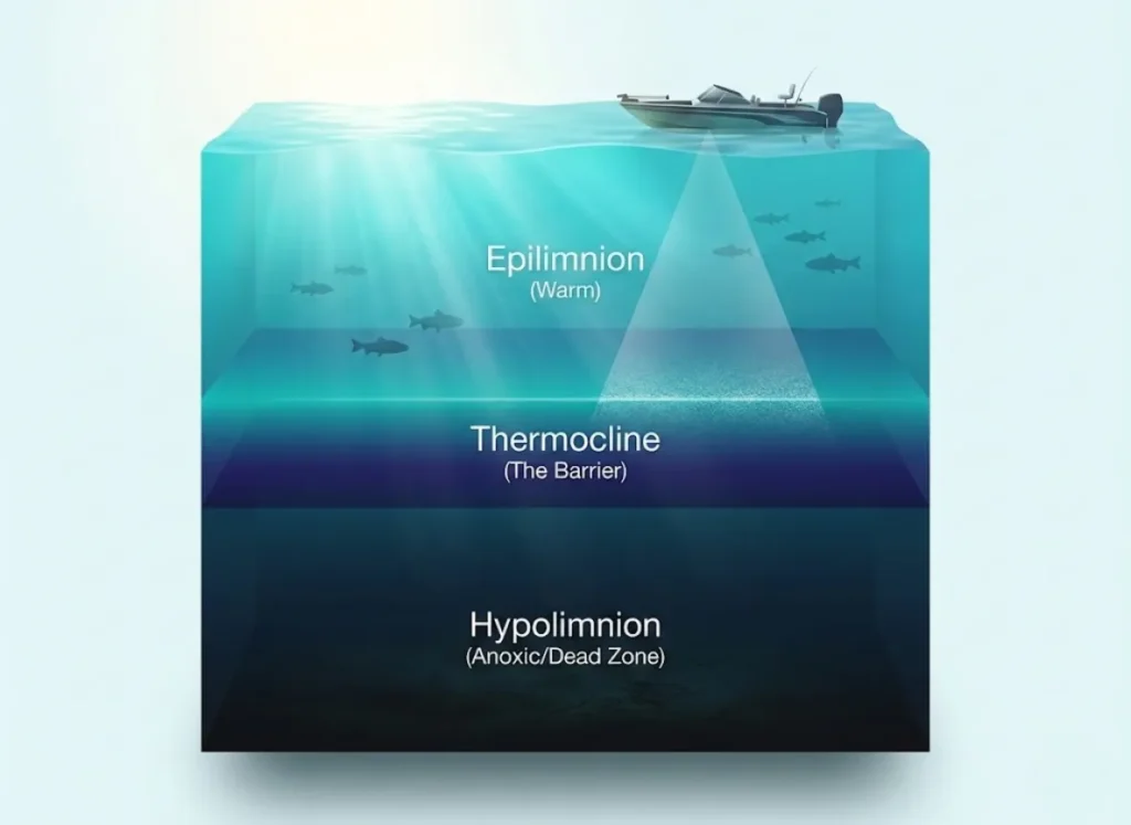 A detailed 3D cross-section illustration of a lake during summer stratification. The image displays three distinct water layers: the sunlit Epilimnion at the top, the transitional Thermocline layer in the middle, and the dark, anoxic Hypolimnion at the bottom. A fishing boat on the surface projects a sonar cone, visually highlighting the density barrier.