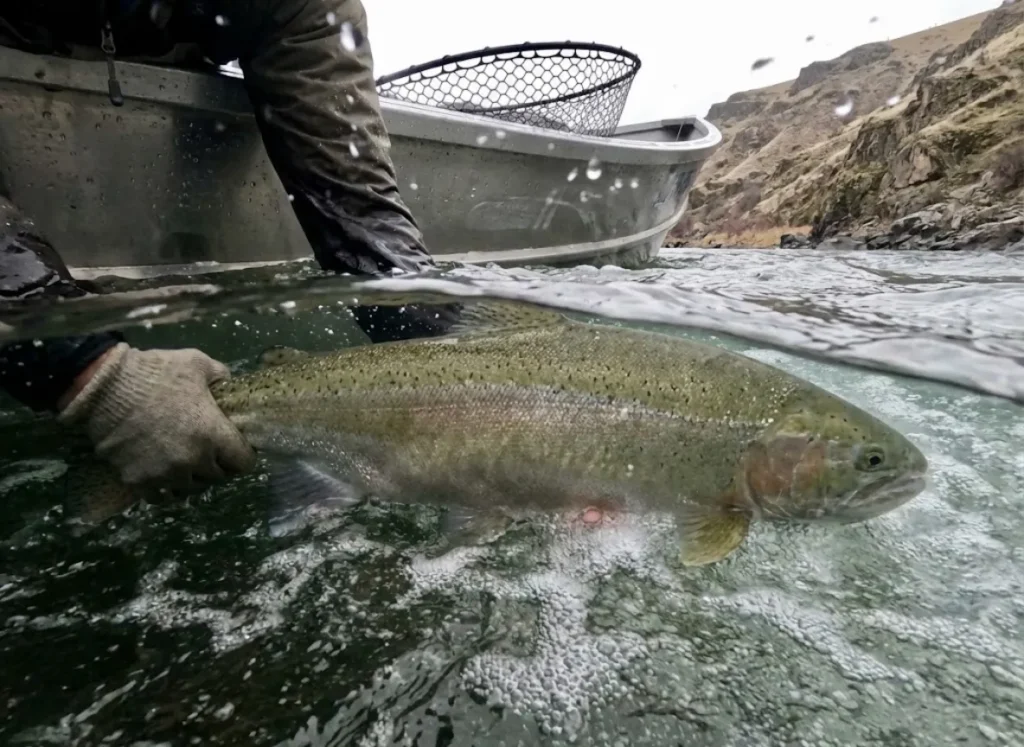 A massive rainbow trout being guided through the water, showing its large body size.