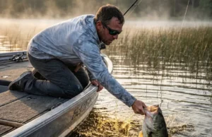 How to Fish for Largemouth Bass: Seasons, Gear & Rigs An angler kneeling on a boat deck reaching down to grab a largemouth bass out of the water during sunrise.