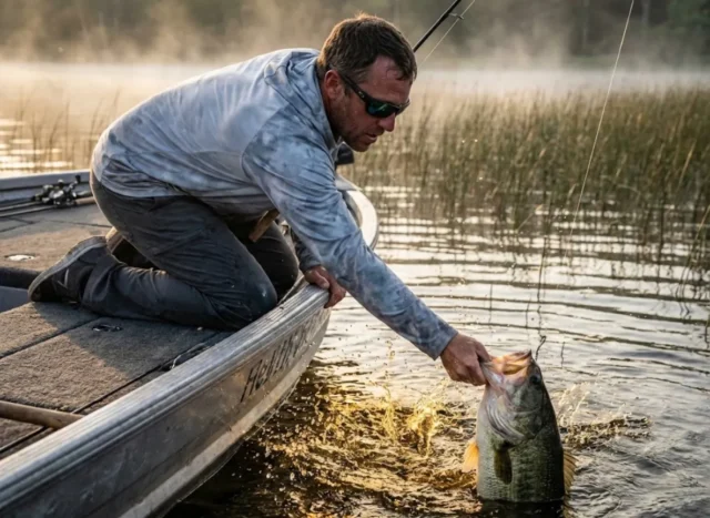 largemouth-bass-landing-action An angler kneeling on a boat deck reaching down to grab a largemouth bass out of the water during sunrise.