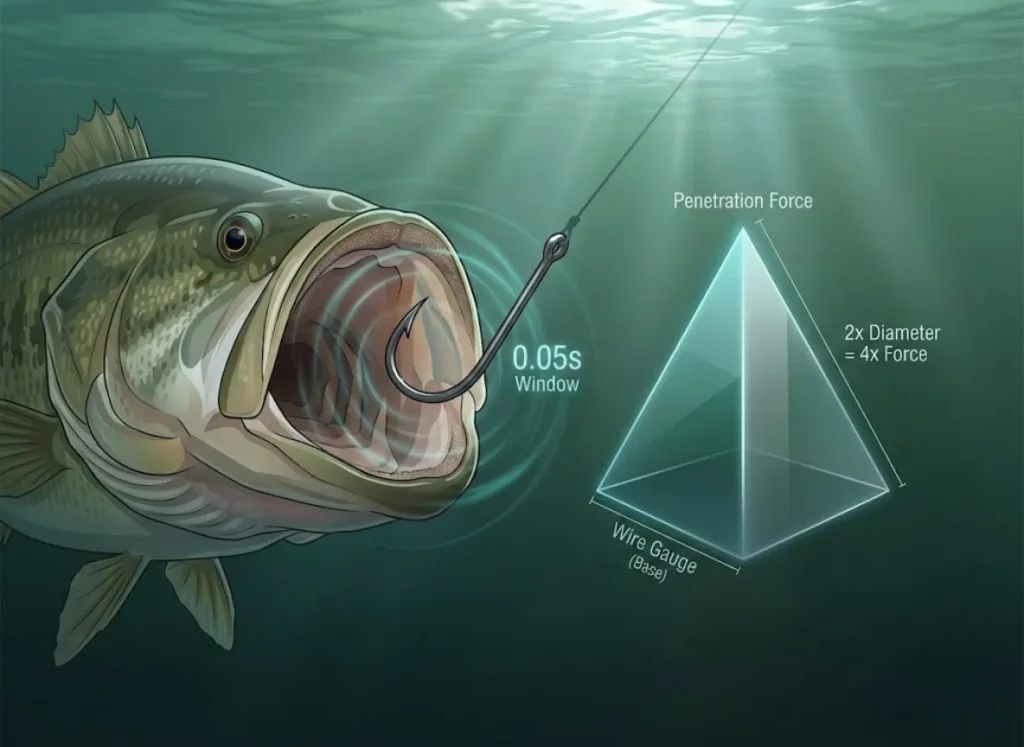 A split-screen style infographic featuring a hyper-realistic Largemouth Bass inhaling a lure on the left, and a stylized 3D pyramid chart on the right illustrating the physics of hook wire gauge versus penetration force.
