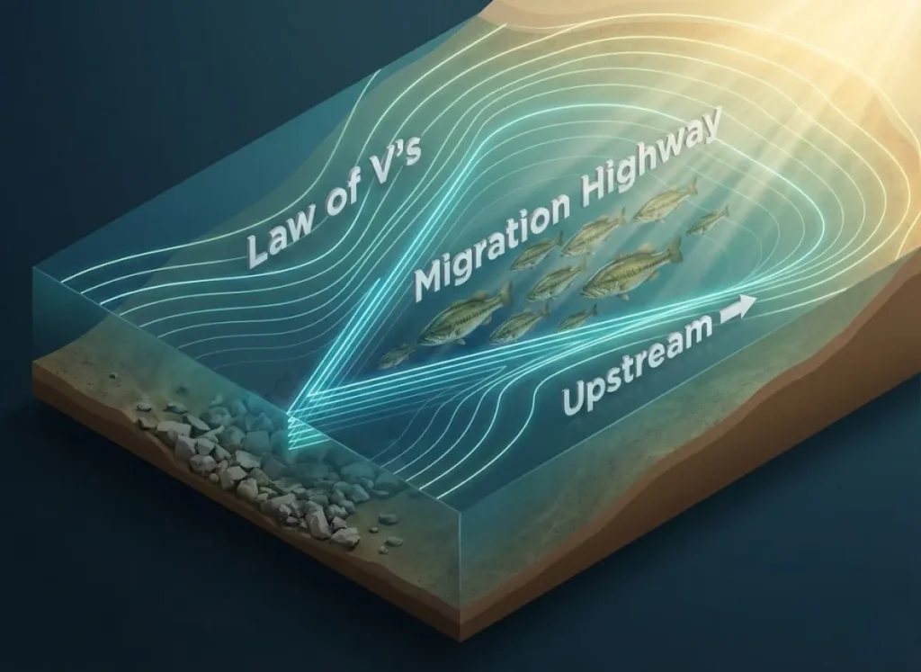 A split-view isometric 3D illustration showing a lake bottom with a deep ditch; topographic contour lines overlay the scene forming V-shapes that point upstream, guiding a school of bass along a migration route toward a shallow spawning bay.