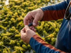 Lead Free Fishing Tackle: Best Brands & Material Guide Close-up of angler hands tying a matte black tungsten fishing weight onto a line near heavy vegetation.