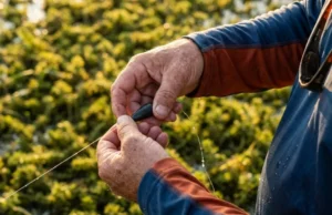 Lead Free Fishing Tackle: Best Brands & Material Guide Close-up of angler hands tying a matte black tungsten fishing weight onto a line near heavy vegetation.