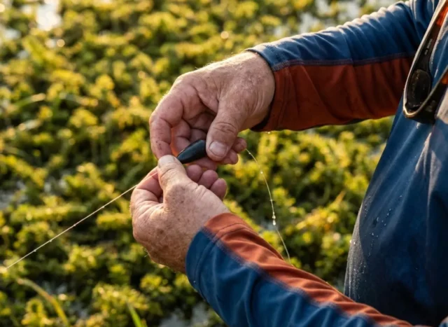 lead-free-fishing-tackle-guide-tungsten-rigging Close-up of angler hands tying a matte black tungsten fishing weight onto a line near heavy vegetation.