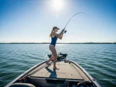 Lead-Free Tackle: A Data-Backed Performance Guide A full-body shot of a young woman in a swimsuit casting a fishing rod from the deck of a boat on a sunny day.