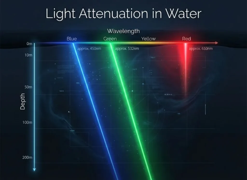 A high-tech scientific infographic titled "Light Attenuation in Water," visualizing the visible light spectrum penetrating the ocean. It shows Red light fading rapidly near the surface, while Blue and Green light penetrate deeply, set against a dark, deep-sea background.