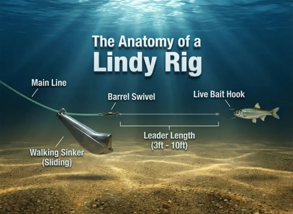 A premium 3D cross-section diagram of a Lindy Rig fishing setup underwater, clearly labeling the walking sinker, swivel, leader, and hook against a lake bottom background.