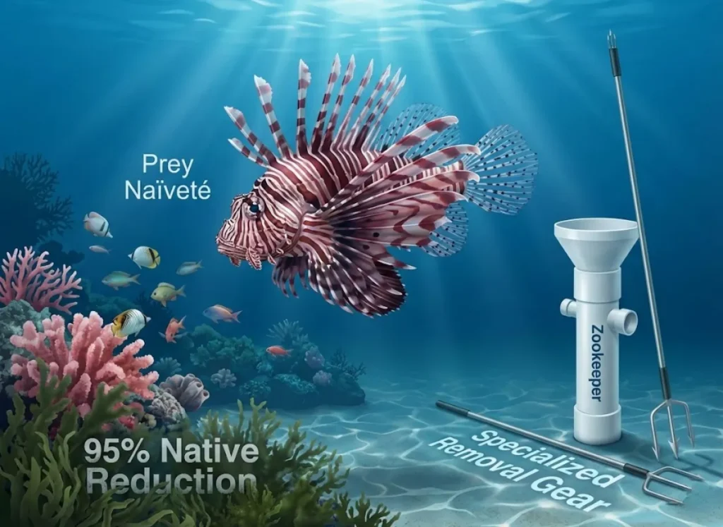 A stunning split-composition educational illustration. The left side features a vibrant Lionfish hovering over a reef with data points about its population impact. The right foreground displays specialized diver removal gear, specifically a Zookeeper containment unit and a pole spear, resting on the ocean floor.
