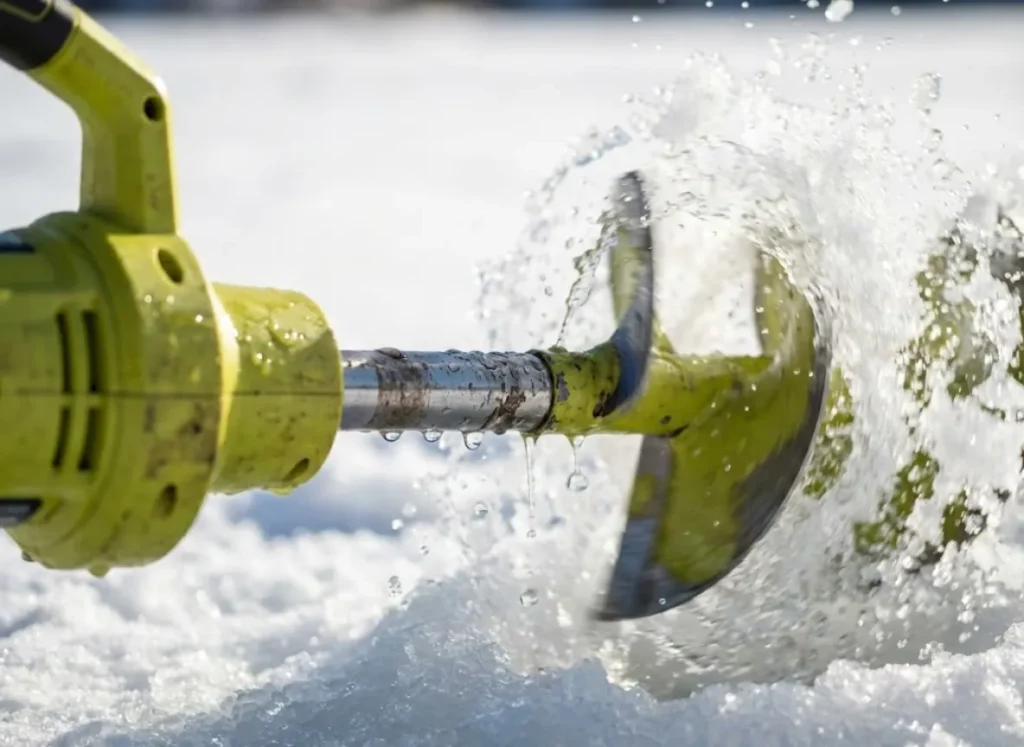 A modern lithium-ion ice fishing auger drilling a hole, with ice shavings and slush flying from the blades.