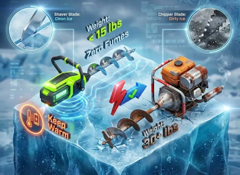 A detailed visual infographic comparing a modern lithium-ion ice auger to a traditional gas auger. The image highlights weight differences, blade types, and battery care tips set against a stylized frozen lake background.
