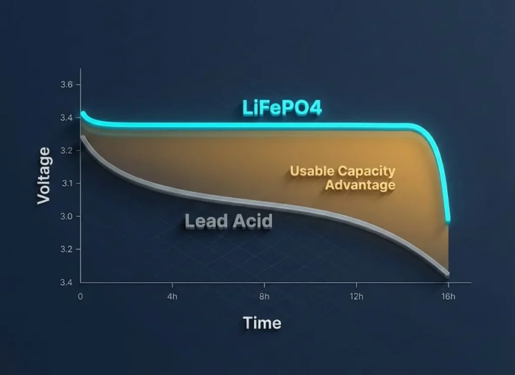 A stylized, high-tech comparison graph showing the flat discharge voltage curve of a Lithium (LiFePO4) battery versus the steep decline of a Lead Acid battery, highlighting the usable capacity zone.