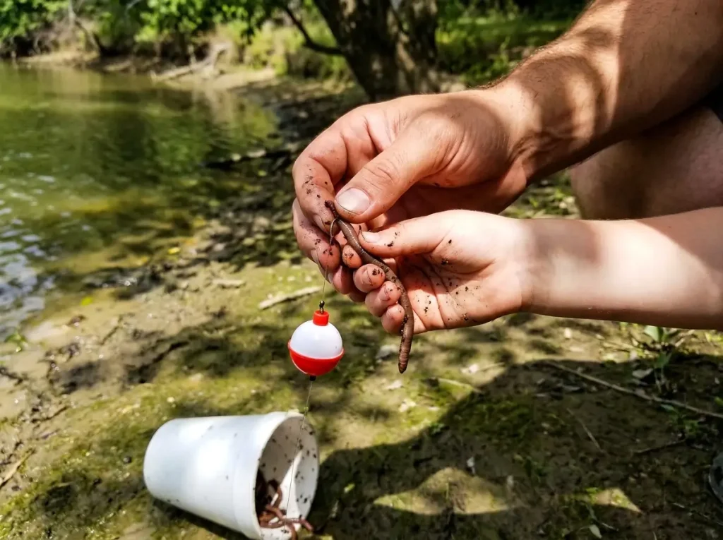 Threading a live nightcrawler onto a hook under a bobber, the simplest beginner fishing bait