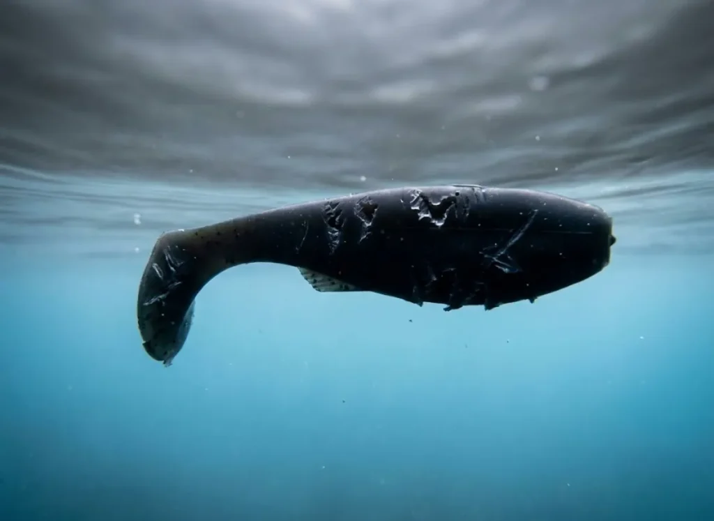 Large soft plastic pike lure suspended in clear cold water showing teeth marks.